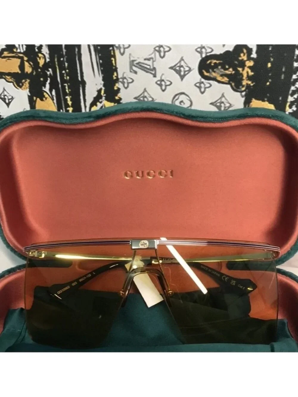 New Authentic GG1096S 003 Sunglasses by Gucci™ Shield, Material: Metal, Rimless.